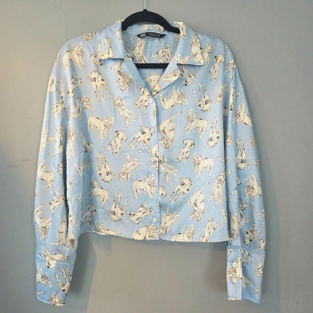 ZARA Cropped Blouse Long Sleeve, SM Blue Novelty Dog Print Office Work School